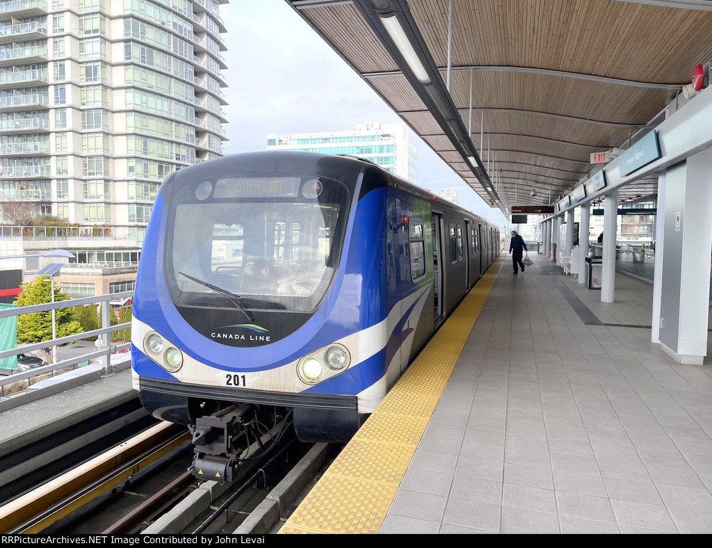 Canada Line Skytrain at Richmond-Brighouse Station in Richmond, BC-view is looking north